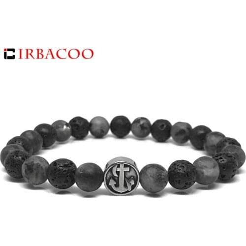 IRBACOO 2020 Men Bracelet Viking Stainlee steel Anchor Charm Lava Stone Matte Gray Stone Beaded Bracelet For Men Jewelry