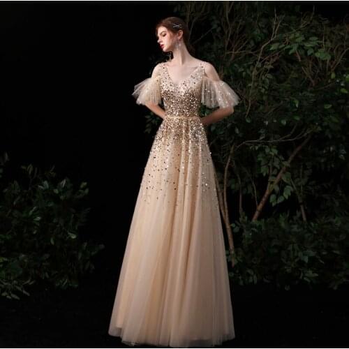 New Arrival 2020 Sexy V Neck Delicate Crystal Beaded A Line Formal Long Evening Dresses Robe De Soiree