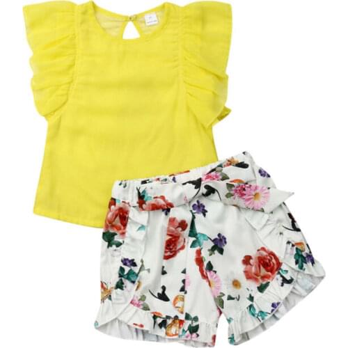 Toddler Kid Baby Girl Summer Outfit Clothes T-shirt Chiffon Tops+Floral Short Pants 2PCS Set