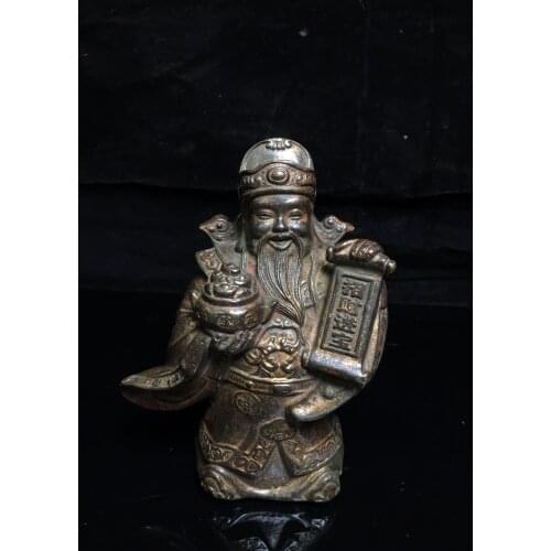 Home Decor 5" Tibet Buddhism Old Bronze Cinnabars God of Wealth Buddha Statue Lucky fortune Enshrine the Buddha Hall