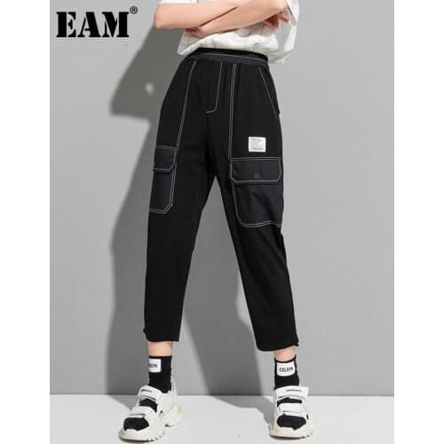[EAM] Black Pockets High Elastic Waist Trousers Loose Fit Harem Calf-Length Pants Women Fashion Tide Spring Summer 2021 1DD8100