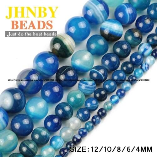 JHNBY Lake blue Stripe carnelian beads Natural banded Stone Onyx Round Loose beads 4/6/8/10/12MM Jewelry bracelet making DIY