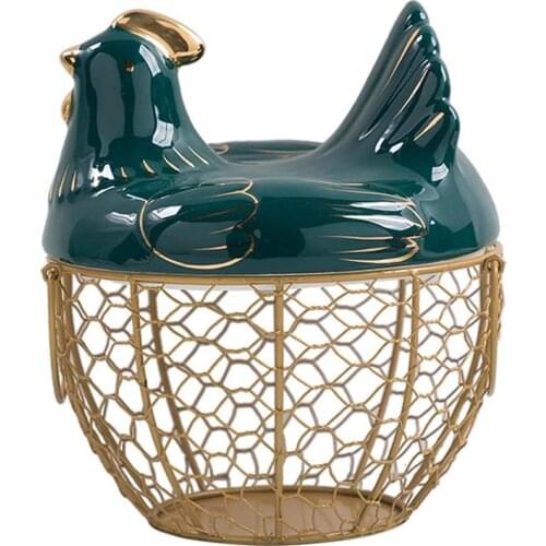 Egg Storage Basket Metal Wire Fruit Basket with Chicken Shape Lid Ceramic Egg Holder, Storage Holds 30 Eggs