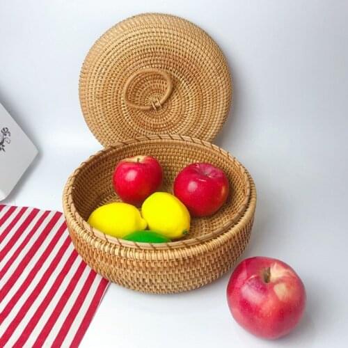 Handmade Round Rattan Tea Storage Box With Lid Fruit Snack Organizer Storage Boxs Wicker Baskets Rattan Storage Flower Basket