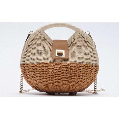 Fashion Patchwork Wicker Rattan Bags for Women Handbag Round Chain Straw Women Shoulder Crossbody Bags 2021 Bohemia Clutch Purse