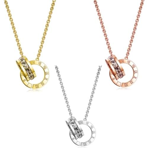 Simple Crystal Roman Numeral Stainless Steel Necklace For Women Double Circle Geometric Pendant Necklace Stainless Steel Jewelry