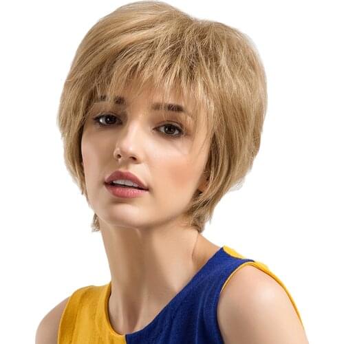 Women Charming Blond Real Human Hair Bob Wig with Bangs Short Full Hairpiece Heat Resistant for Cosplay Daily Wear