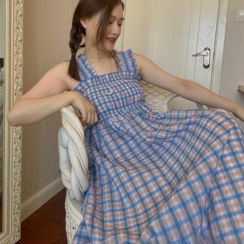 Women Dress 2021 Early Autumn Seersucker Pleated Square Collar Plaid Waist Strap Midi Dress 100% Cotton