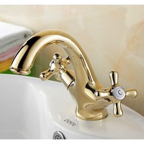 Polished Gold Color Brass Dual Cross Handle Bathroom Faucet Sink Basin Mixer Tap anf172