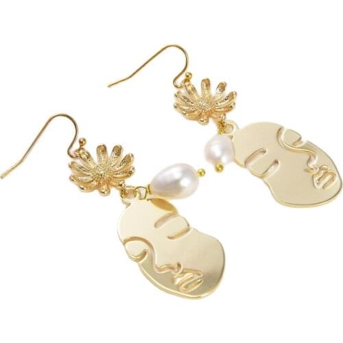 JK White Rice Pearl Gold Plated Beautys head Flower Hook Earrings