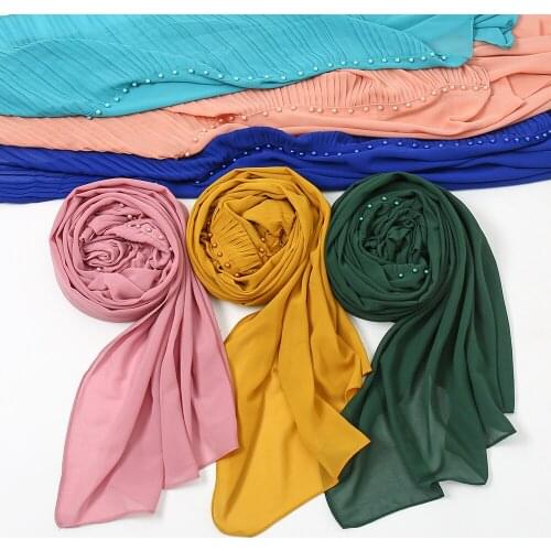 New Arrival Bubble Chiffon Scarf Splicing Crinkle Scarves Pearls Design Shawls Muslim Hijab Wrap Women Bandana Headscarf
