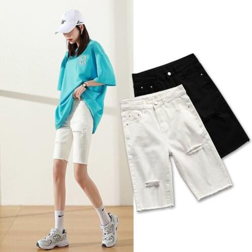 White Black Denim Biker Shorts Ripped Jeans Cycliste Femme Bermuda Feminina Cotton Shorts Streetwear Large Size Casual Shorts