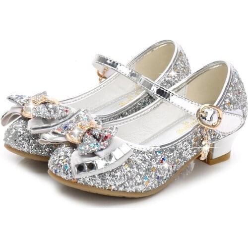 Princess Leather Shoes For Girls Bow Casual Glitter Children High Heel Girls Shoes Blue Pink Silver Performance Crystal Shoes