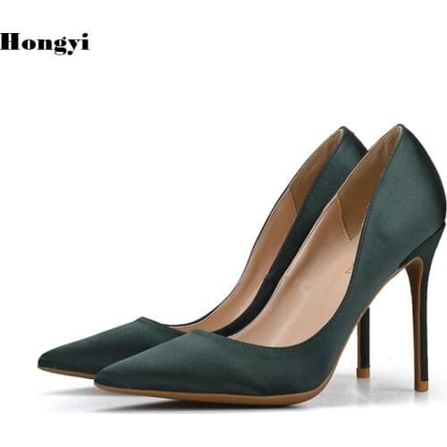 Hongyi 2018 Green Teal Bride Bridesmaids Closed Teo High Heel Pumps Comfortable 6cm Heeled Satin Wedding Bridal Shoes