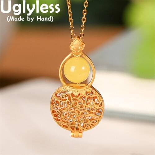 Uglyless Filigree Opening Gourd Earrings Pendants for Women Sachet Necklaces 925 Silver Amber Beeswax Jewelry Sets NO Chain