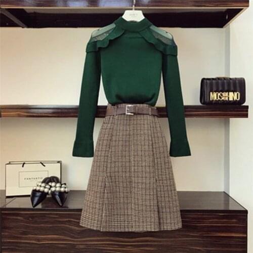 2019 Autumn Women Runway Sexy Gauze Off Shoulder Knitted Sweater Tops+High Waist Houndstooth Long Skirt Plus Size Two Piece Set