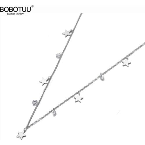 BOBOTUU Trendy Titanium Stainless Steel Star Charm Choker Necklaces Bohemia CZ Crystal Pendant Necklace For Women Girls BN20004