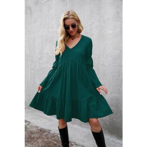Autumn Dress Women Robe Femme Dark Green A-Line Dresses Patchwork Ruffle V-Neck Long Sleeve Y2K Dress For Woman Vestido De Mujer