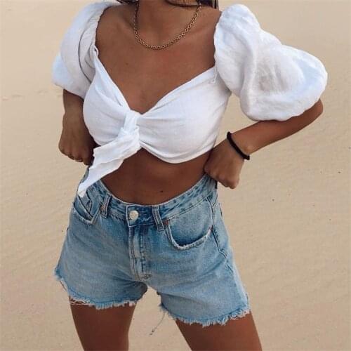 ZXQJ Women 2021 Sexy Knotted White Linen Short Smock Blouse Vintage Lantern Sleeve Shirt Roupas Female Tops