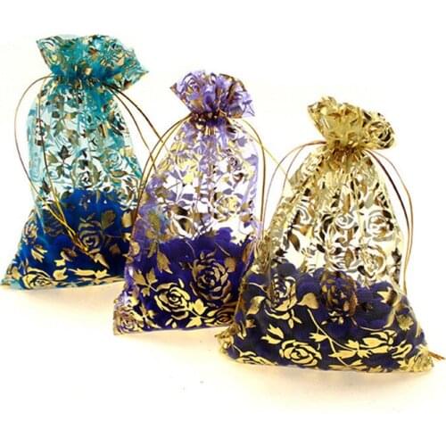 50pcs Jewelry Packaging bags 7 * 9cm Drawable Organza Tulle Element Bag Pouches Bronzing Rose Eugen Gift Candy Bags 5ZSH332