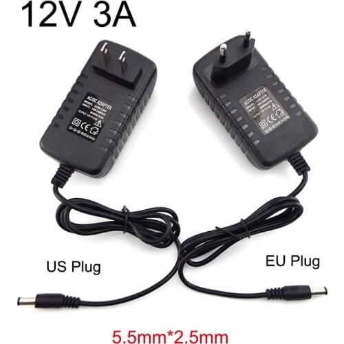 12V 3A AC 100V-240V DC Charger Adapter Camera Power Supply Converter Transformer 5.5mm*2.5mm for CCTV LED Strip Lamp US EU Plug