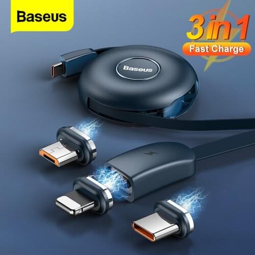 Baseus 3 in 1 Magnetic Charger USB C Cable For iPhone 12 Micro USB Type C Fast Charging for Samsung Xiaomi Retractable Wire Cord