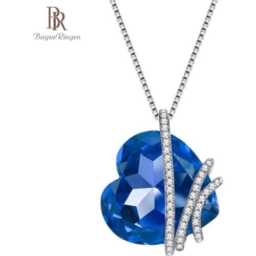 Bague Ringen Pure 925 Sterling Silver Neck Ornament Heart shaped Sapphire Pendant Necklace for Women Trendy Female Anniversary