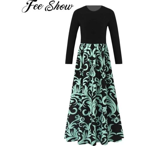 Kids Girls Dresses Long Sleeve Patchwork Floral Print Loose Casual Long Maxi Dress with Pockets Party Birthday Outfit Costume