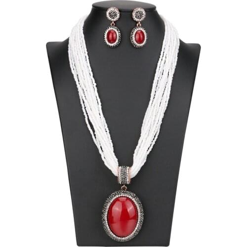 Ethnic Bohemian Women Statement Crystal Red Stone White Beads Necklace Earrings Jewelry Set Party Handmade Choker Bib Collar New