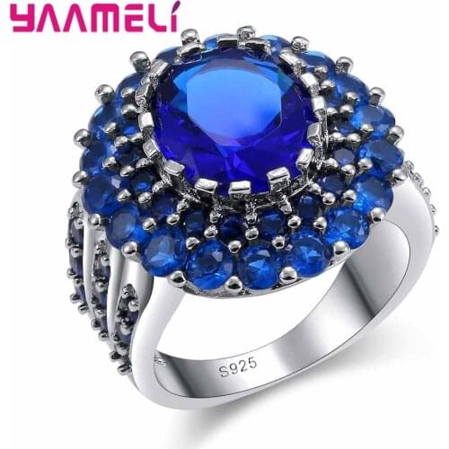 Charming Romantic Blue Flowers Crystal Stone Rings 925 Sterling Silver Cubic Zirconia Party Jewelry For Womens Day