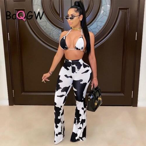 BaQGW Backless Cow Print Two Piece Sets High Waist Pants and Bandages Halter Crop Top Bodycon Partywear Club Sexy Hot Co-ord Set