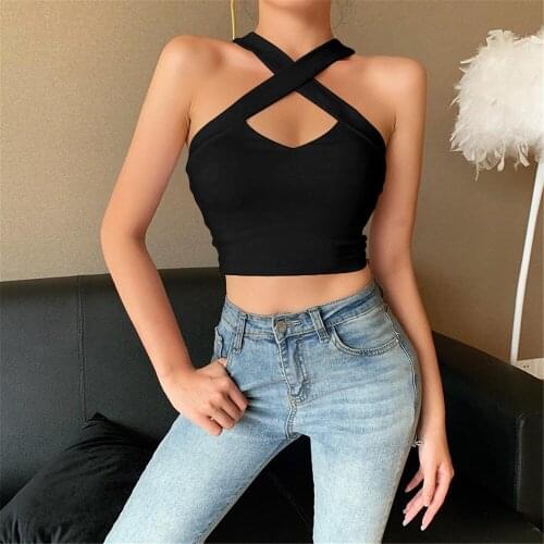 Women Fashion Casual Spring Base Bodycon Summer Sexy Crop Tops Cross Halter Camisole Hollow Slim Vest Dating Wear Black White