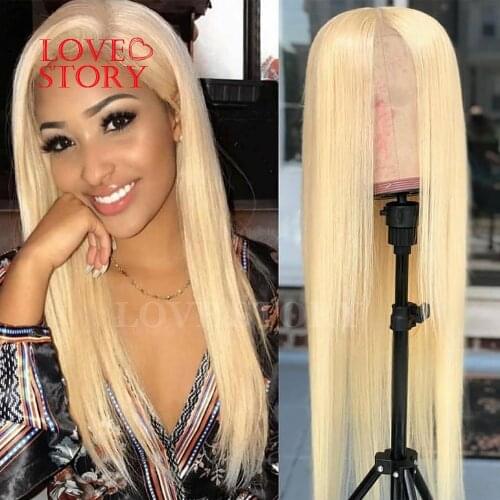 Lovestory Blonde Color Synthetic Heat Resistant Wigs Middle Part Silky Straight Synthetic None Lace Wig