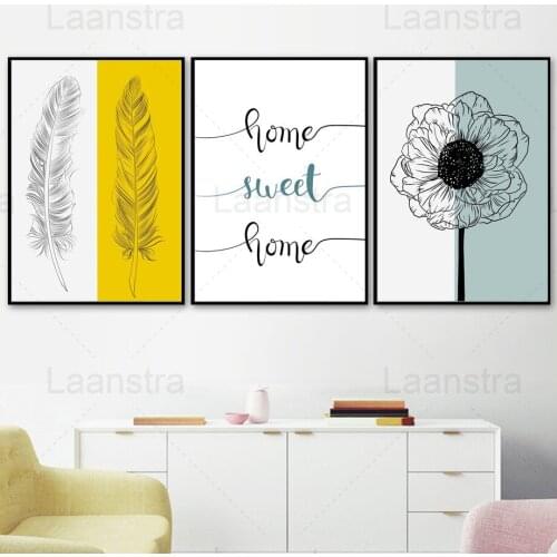 White Line Feathers and Flowers Home Decoration Painting Text Simple Living Room Wall Canvas Art Poster Modern Print Kitchen