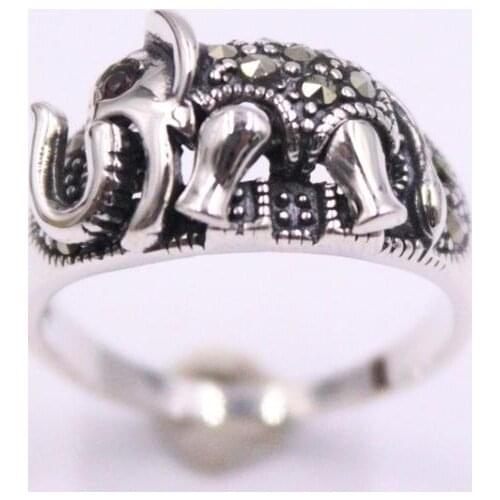 New Pure 925 Sterling Silver Ring Width 10mm Marcasite Pattern Elephant Zircon Eye For Woman US Size 5-10