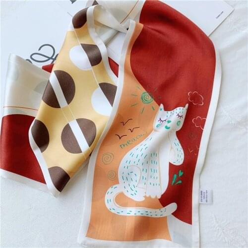 OMEA 100% Silk Scarf Women Cartoon Cat Red Neckerchief Double Layers Headband Bag Decoration Narrow Small Scarf Fashion Luxury