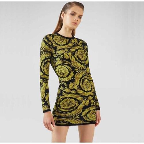 Wholesale 2020 Newest Women dress Yellow jacquard Long sleeve luxurious Celebrity Boutique Cocktail party bandage dress