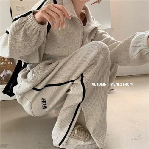 Autumn Winter Fashion Casual Loose Long Sleeve Zip Up Hoodies Lapel Sweatshirt Letter Coat Split Zipper Striped Wide Leg Pant