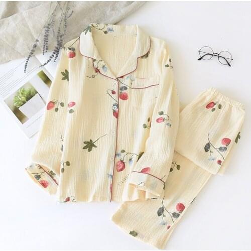 Women Autumn 100% Cotton Long Sleeve Pajamas Thin Crepe Fabric Pyjamas Turn-down Collar Printing Sleepwear Home 2 Piece Pj Set