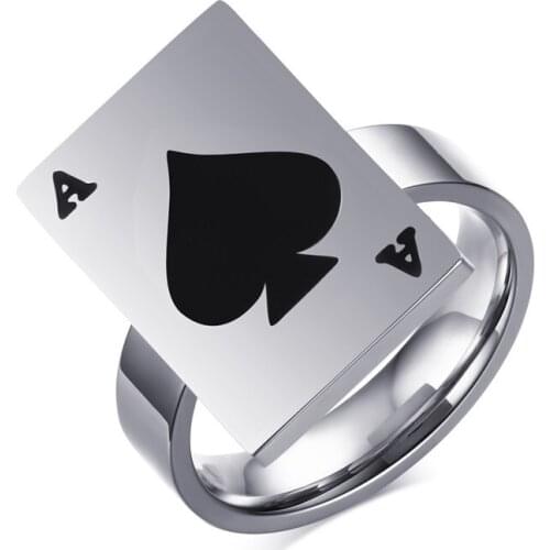 Poker Rings for Women Men Jewelry Punk Stainless Steel Lucky Ring with Black Ace of Spades Poker Card Design Add Free Box