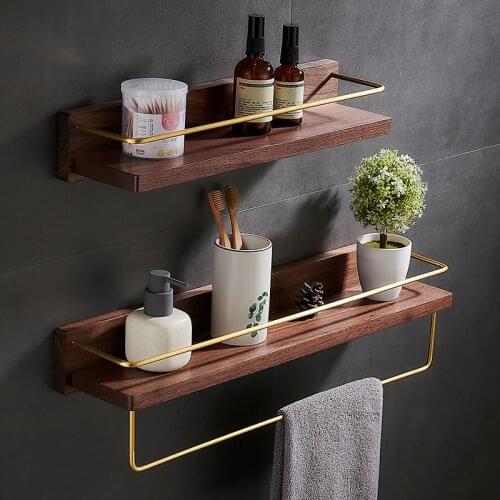 Bathroom Shelf Bath Shower Shelf Brass and Wood Bathroom Corner shelf Wall Mounted Brushed Gold Kitchen Storage holder