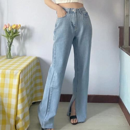Za Popular Wash High Waist Split Jeans Womens Wide Leg Floor Long Pants Metal Button Decoration Casual Leisure Trouser