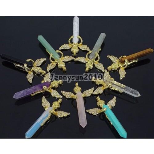 Natural Gems Stone Reiki Chakra Angel Wing Hexagonal Pendant Charm Beads Gold Jewelry Design 10Pcs/Pack