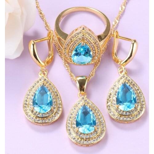 Romantic Turkish Jewelry Sets Gold Color Wedding Necklace Sets For Women Sky Blue CZ Earrings And Ring Water Drop Jewelry