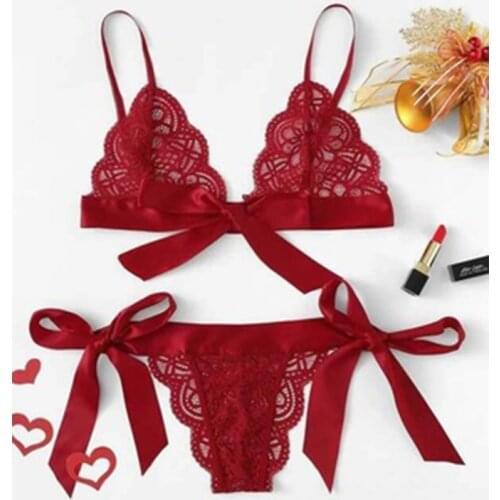 Sexy Bras & Panties Sets For Women Lingerie Bow Lace Undewear Satin Femme Brief
