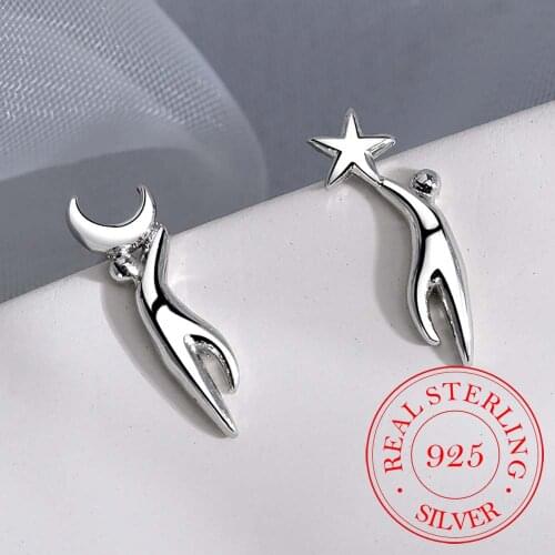 925 Sterling Silver Asymmetry Star Moon Stud Earrings For Women Kids Wedding Gift Female pendientes eh282