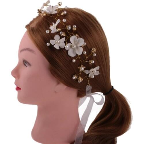 Bridal Wedding Crystal Flower Pearls Headband Ribbon Hair Accessories