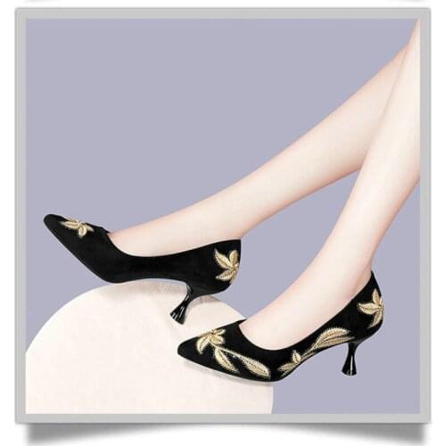 High Heels Fashion Spring Pointed Embroidery Dress Shoes Design Wild Faux Suede Pumps High Heels Black Red Womens Shoes W27-36
