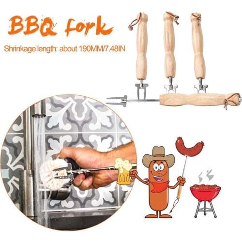 Grill Bar Retractable Rugged Wooden Stainless Steel Barbecue Fork Suitable for BBQ Hot Dog Telescopic Fork Child Safety Roasting