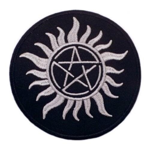 2X Supernatural Anti-Possession Embroidered Applique Iron on Patch TV Series Evil Power SPN Cosplay Sign Pentagram Sun